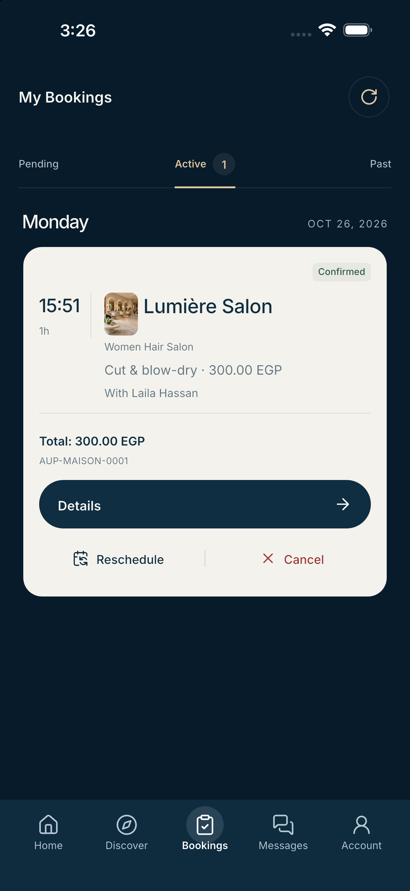 Actual Aupaire client app interface with sample data